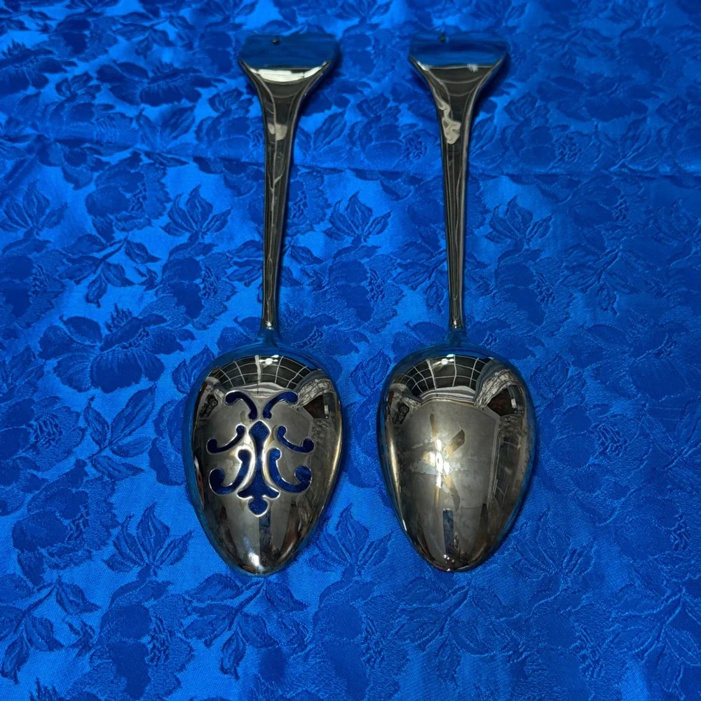 Vintage Rooster Wheat Silver Plated Serving‎ Spoon Set Pierced and Solid 2 Piece